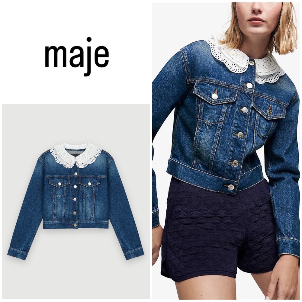 Maje ~ Brenda CONTRASTING Embroidered Collar Organic-Cotton Denim Jacket